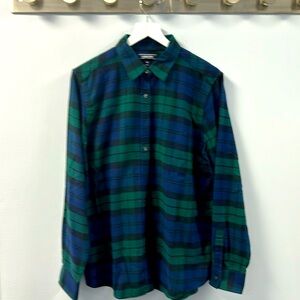 Lands’ End Women’s Boyfriend Fit Long Sleeve Shirt 16 Blue, Green, & Black NWOT